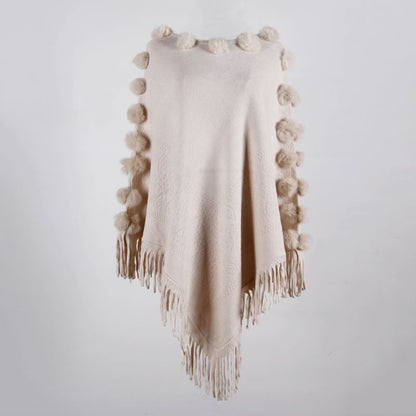 Poncho à Franges avec Pompons - Pull-over Col Rond Uni pour Femmes