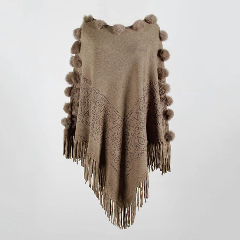 Poncho à Franges avec Pompons - Pull-over Col Rond Uni pour Femmes