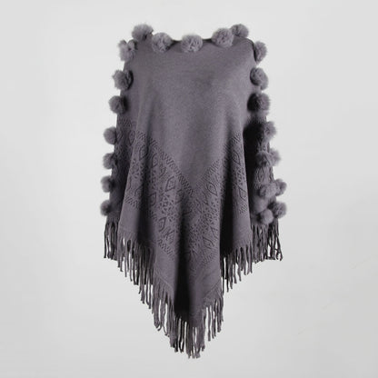 Poncho à Franges avec Pompons - Pull-over Col Rond Uni pour Femmes