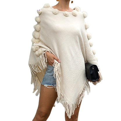 Poncho à Franges avec Pompons - Pull-over Col Rond Uni pour Femmes