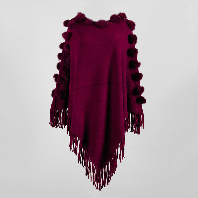 Poncho à Franges avec Pompons - Pull-over Col Rond Uni pour Femmes