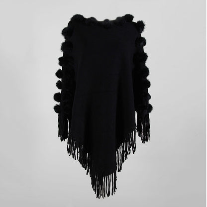 Poncho à Franges avec Pompons - Pull-over Col Rond Uni pour Femmes